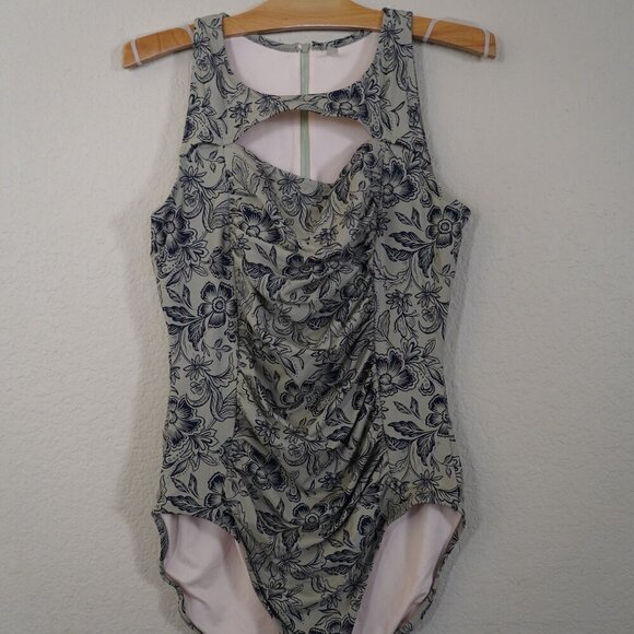 Garnet Hill Active High-Neck One-Piece Swimsuit Olive Green Floral 14 Beach - Picture 4 of 10